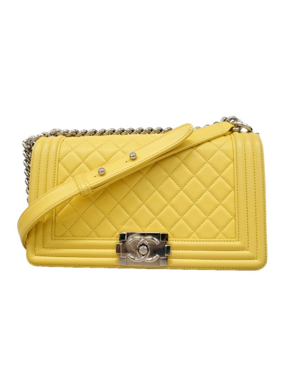 Chanel Shoulder Bag Boy Lambskin Yellow Silver